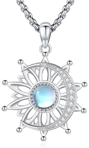 Eusense Sonne Mond Halskette Sonne Anhänger Mond Halskette Kette 925 Sterling Silber Mondstein Anhänger Kette Schmuck Geschenk für Damen Frauen Mädchen