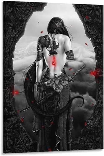 HMDKHI Schwarz und Weiß Samurai Figuren Malerei,Japanische Bushido Poster Bilder,Japanische Figuren und Mount Fuji Poster,Ohne Rahmen (JP-06,1Pcs-40x60cm)