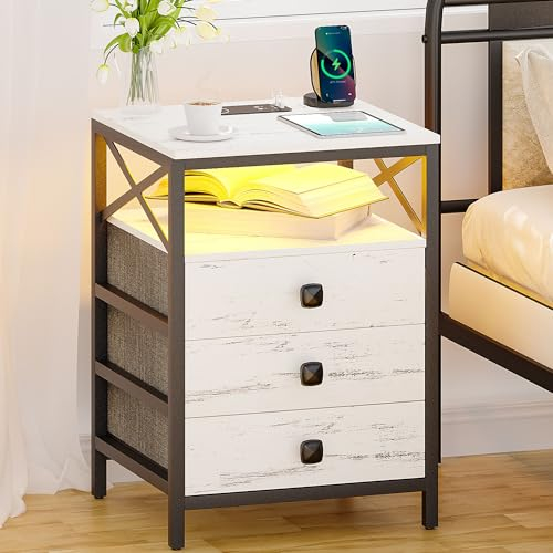 Lvifur Nachttisch LED mit Ladestation&Licht,Smart Beistelltisch mit USB-Anschlüsse,Couchtisch mit Schubladen für Wohnzimmer,Schlafzimmer(40×43×60 cm)