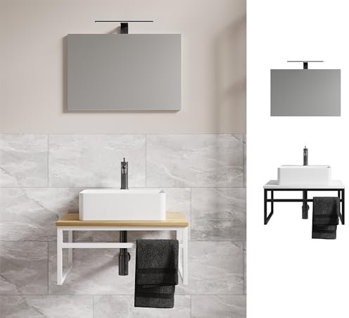 3-TLG. Waschplatz Waschtisch Badmöbel Set Waschbecken Holz Metall Industrial Style Bitila 60 V1