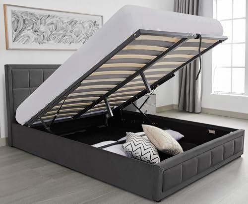 Upholstered Ottoman Bed Super King Bed Frame UKFR Velvet Fabric Grey Ottoman Storage Bed with Gas Lift End Opening Wooden Slats with Storage Bed (6ft Super King 180 x 200, No Mattress)