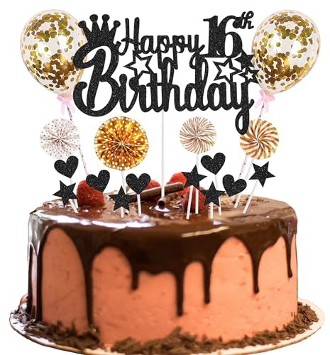 Tortendeko 16. Geburtstag - Happy 16th Birthday Deko für Junge und Mädchen - Kuchendeko Schwarz Golden - Hello 16 Glitter Cake Topper