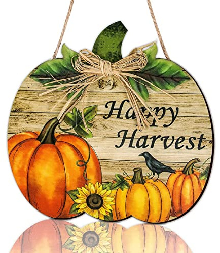 Herbst Kürbisschild aus Holz Thanksgiving Türkranz 30 cm dekorative Tafel Happy Harvest für drinnen und draußen Thanksgiving Schild Herbstdeko Schild Kränze für die Haustür Herb