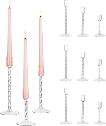 Hewory Kerzenständer Glas Kerzenhalter Stabkerze：12er Set Klar Stabkerzenhalter Hochzeitsdeko Kerzenständer Stabkerzen Vintage Tischdeko für Deko Wohnzimmer Weihnachten