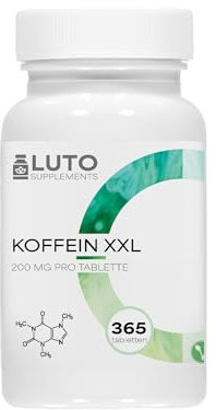 Comprimé de caféine de 200 mg chacun - 365 comprimés - Testé en laboratoire - Sans additifs indésirables - Haute dose - Végétalien - Qualité supérieure - Luto Supplements