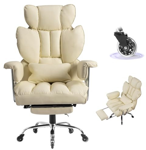 Chefsessel, Ergonomisch hohe Rückenlehne , mit Fußstütze | mit dicker Polsterung, Lendenwirbelstütze abnehmbare Kissen, verstellbarer bequemer Bürostuhl , Chefsessel 200 kg belastbarkeit. (Beige)