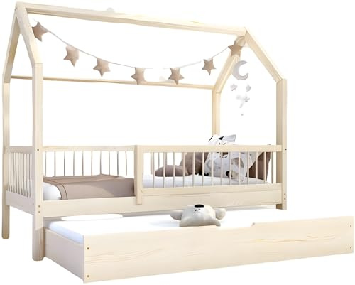 Profiwood Kinderbett mit Zusatzbett 90x180 cm - Hausbett mit Rausfallschutz, 2 elastische Lattenroste bis 150kg, skandinavisches Design, Schubladen, FSC-zertifiziertes Kiefernsperrholz