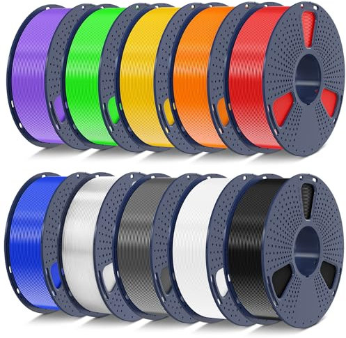 SUNLU PLA Filament 10KG Mehrfarbiges, 3D Drucker Filament PLA 1.75mm +/- 0,02mm, 1KG 3D Filament, 10 Pcs. (Schwarz+Weiß+Grau+Blau+Grün+Rot+Orange+Transparente+Reines Gelb+Violett)