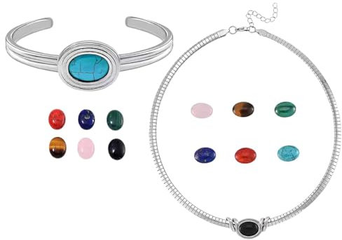 Interchangeable Necklace - Seven Multi Gemstones (Lapis Lazuli, Malachite, Rose Quartz, Shungite, Sponge, Yellow Tigers Eye, Blue Howlite) - Adjustable 18-20 Inch Necklace - Stainless Steel Jewelry