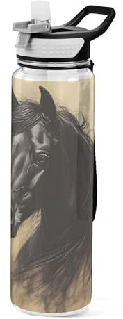 Sevdomey Black Horse Water Bottle with Straw Lid Clear Leakproof Gym Water Bottles for Outdoor Sport Drinking Fitness Workout Travel, 32 oz