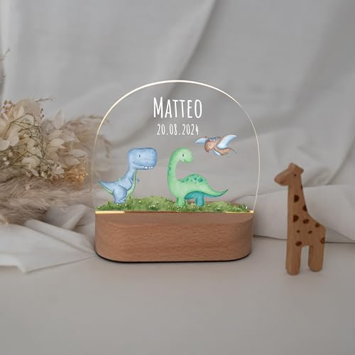 wunderwunsch - Personalisiertes Nachtlicht Dino für Babys - Individuelle Nachttischlampe für Kinder - Personalisierte Geschenke Kinder - Babygeschenk - Geschenk zur Geburt