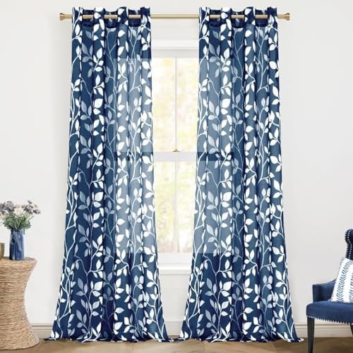 MRTREES Vorhang mit Ösen Marineblau Durchsichtig Gardinen Voile mit Muster Weißen Blätterdrucken 2er Set, 240 cm Lang, 140 cm Breit, Vorhänge Wohnzimmer Schlafzimmer Curtains for Bedroom