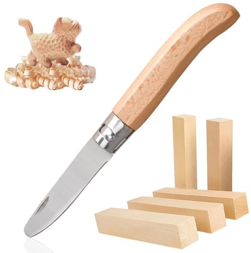 svpfuo 6 Stück Set Schnitzmesser Kinder, Schnitzset Kinder, Kinder Schnitzmesser, Klappbares Messer mit Fünf Schnitzholz Teilen, Geeignet für das Einführungslernen in das Gravieren (A)