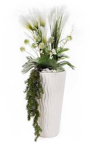 Pampasgras Federgras Zwiebelgras Kunstpflanze im Topf Deko Zier Gras | Fake künstlich Grasbusch | für Büro Rezeption | Gesamthöhe 140cm sehr groß wie echt (Topf weiß Welle mit Efeu (KT02))