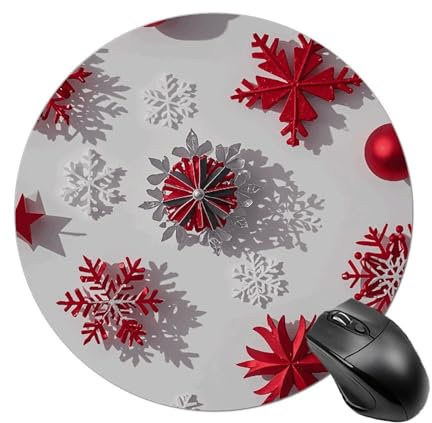 Tapis de souris rond de Noël avec base en caoutchouc antidérapant et motif flocons de neige rouges pour bureau, bureau, ordinateur portable, voyage, 20 x 20 cm