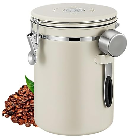 Buithafu 2800ml Edelstahl Kaffeebehälter Luftdicht (304er) Mit Frische- Datumsrad& CO2- Ventil| mit 30ml Messlöffel| Für Kaffee, Tee, Gewürze| Beige – Hält bis zu 2 Pfund Bohnen frisch