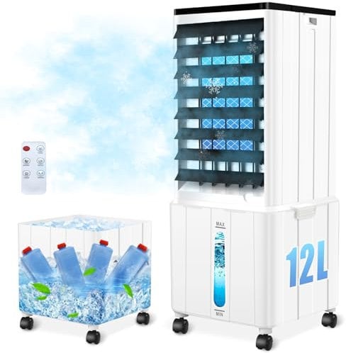 Aire Acondicionado Portátil, Enfriador de Aire de 12L 60W con Temporizador de 12H, 3 Modos, 40dB, Control Remoto, Climatizador Evaporativo Sin Tubo Exterior para Habitación