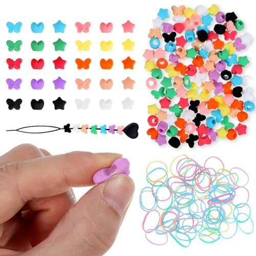 90 Pcs Silicone Hair Beads for Kids Girls Braids, Colorful Soft Beads for Hairs Accessories, Butterfly Heart Five-Pointed Star Bead Set with Elastic Hairs Ties and Hair Beading Tool