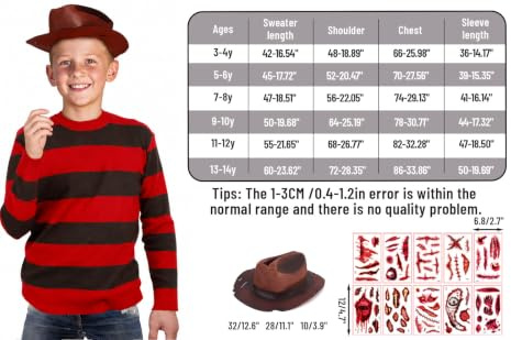 Huraogcos Freddy Kostümset für Kinder mit Handschuhen, gruseliges Halloweenkostüm für Kinder, Pullover, Mütze, Handschuhe, Horrorkostüme, Halloween-Cosplay-Outfit, 3–14 Jahre (L)