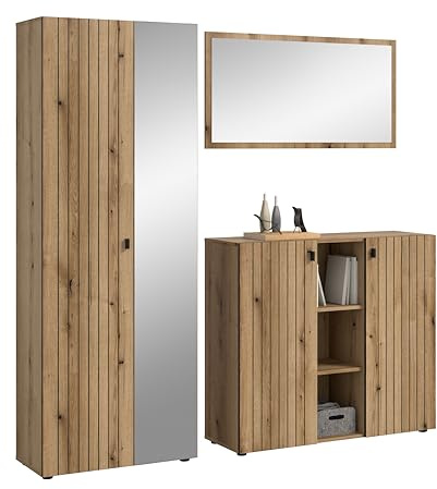 xonox.Home Ensemble de 3 pièces de Garde-Robe 191 x 192 x 37 cm en chêne Evoke – Ensemble de Meubles de Garde-Robe Design avec Armoire, Miroir et Commode à Chaussures pour Le Couloir
