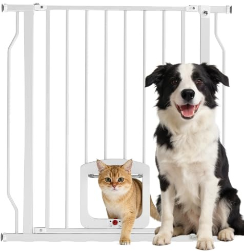 PawHut Treppenschutzgitter mit Katzenklappe ohne Bohren 75-85 cm Weiß | Türschutzgitter, Absperrgitter, Schutzgitter aus Stahl, für Hunde, Haustiere, Treppen, Tür