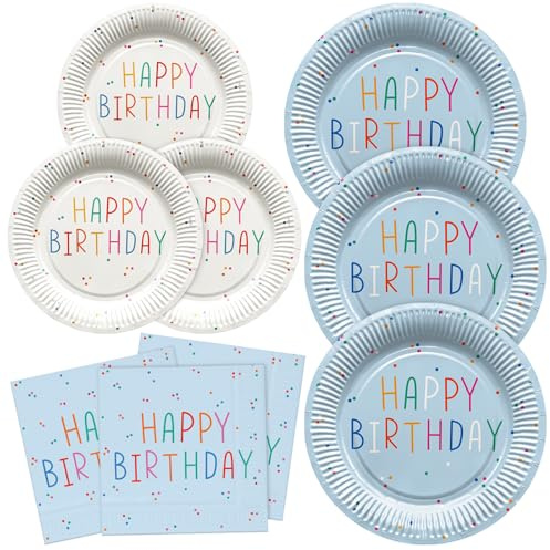 BFB Happy Birthday Party Plates and Napkins Set Blue Disposable Dessert Paper Plates Napkins Dinnerware for 16 Person