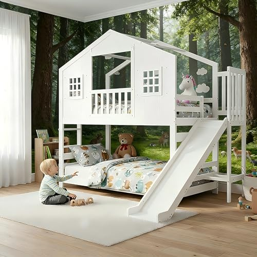 Soweiz Litera infantil con tobogán, color blanco, 90 x 200 cm, cama de casa con techo y diseño de ventana, cama alta de madera con barandilla de seguridad y escalones estables, para niñas y niños