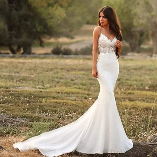 WDSOPK Robe De Mariée Blanche Sirène À Bretelles en Dentelle, Dos Nu avec Fermeture Éclair, Robe De Mariée À Pois, Robe De Plage Personnalisable, Blanche, Taille 20W(Blanc-6)