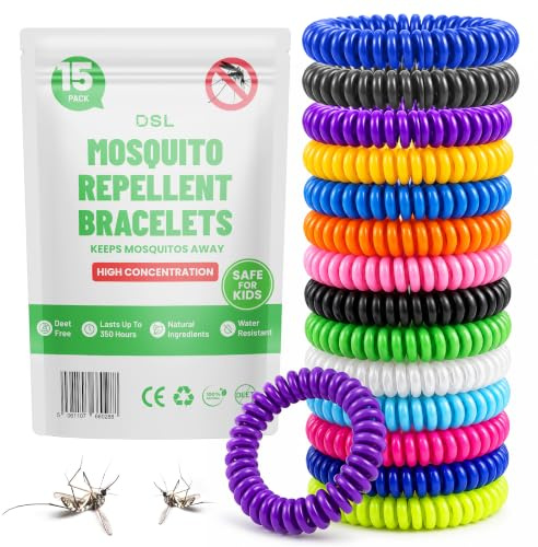 DSL Mosquito Repellent Bands 15 Pack - Mosquito Repellent Bracelet Deet-Free - Mosquito Bands for Adults & Kids - 300 Hours Waterproof Protection for Travel & Holidays, Camping Essentials