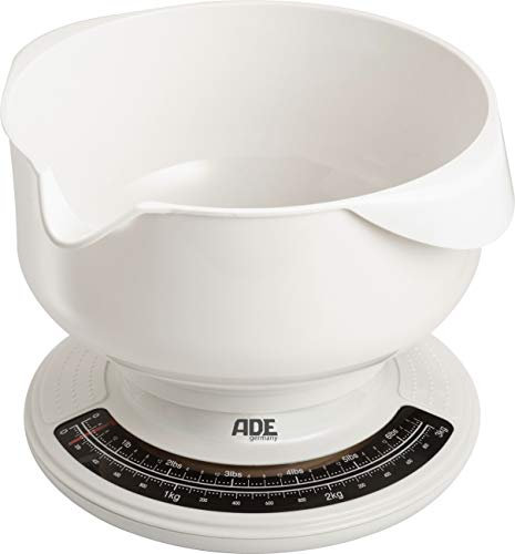 ADE Mechanische Küchenwaage KM 704 Paula. Analoge Waage mit Schüssel aus ABS-Kunststoff - spülmaschinengeeignet, 2,5 l Fassungsvermögen. Präzise wiegen bis 3 kg. Schüsselwaage, weiß