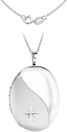 Tuscany Silver Women's Sterling Silver Diamond Cut Etched Wave Satin Polished Oval Locket on Curb Chain 46cm/18