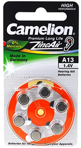 Camelion Hörgerätebatterie A13 ZL13 PR754 DA13 PR48 AE13 V13AT 13AE 6er Blister, Zink-Luft, 1,4V