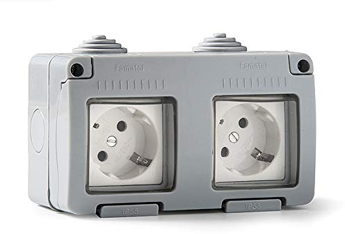FAMATEL – Doble base | Enchufe de empotrar | Serie Garden | IP55 | Protección Infantil | Este enchufe es a prueba de agua | Fácil de instalar este producto | Aluminio | Gris