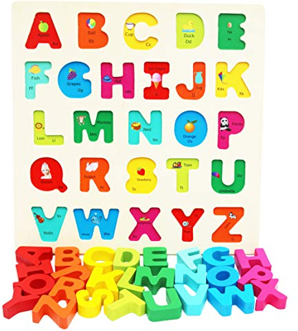 Holz Spielzeug Alphabet für Kleinkinder- Spielbrett mit großen Buchstaben und englischen Vokabeln - Holzpuzzle - Lernspielzeug für Kleinkinder - Montessori Spielzeug