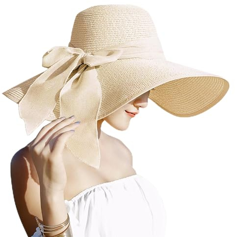 Lanzom Sombrero de paja plegable con lazo grande para mujer con protección solar UPF 50+ - beige - Talla única