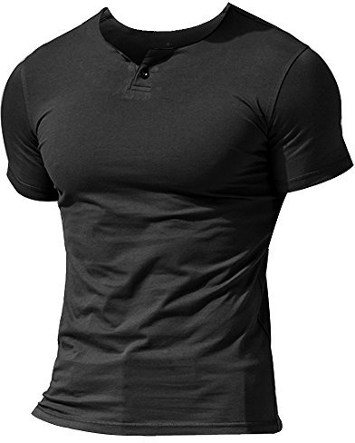 Men Summer Casual Short Sleeve Henleys T-Shirt Single Button Placket Plain v Neck Shirts Cotton Style A Black L