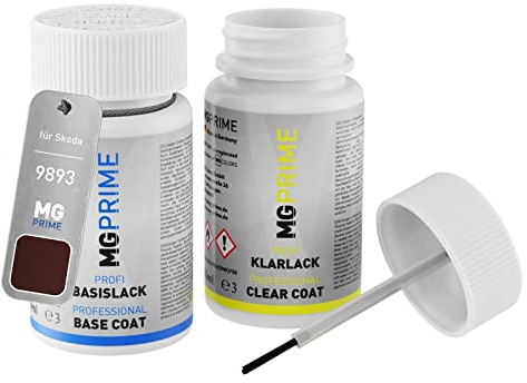 MG PRIME Autolack Lackstift Set für Skoda 9893 / X7 Rosso Brunello Metallic/Brunello Rot Metallic Basislack Klarlack je 50ml