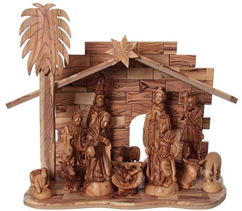 Holyart Komplett Krippe mit Hütte Olivenholz Bethlhem 22cm
