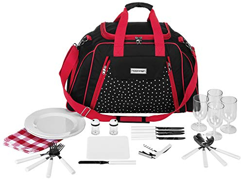 anndora Picknicktasche mit Kühlfach schwarz weiß gepunktet 29 Teile 4 Personen
