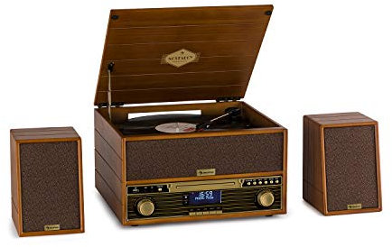 AUNA Belle Epoque 1910 Retro Stereo with Turntable - Bluetooth Function, CD Player, FM Radio Tuner, USB Port, Vintage Look, Includes 2 x 5 Watt RMS Speakers, Brown
