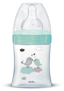 Dodie - Biberon Anti-Colique Initiation+ Verre, Vert Oiseau, 150ml, 0-6 mois, Tétine ronde, Débit 1