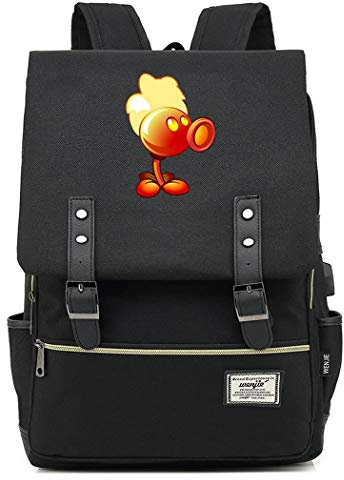 WANHONGYUE Plants vs. Zombies Game Anime College Student Schoolbag 15.6-inch Laptop Backpack Vintage Rucksack with USB Charging Port Black / 4