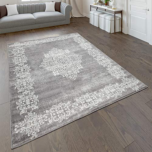 Paco Home Teppich Wohnzimmer Kurzflor Mit Modernem Orientalischem Muster In Grau Weiß, Grösse:80x150 cm
