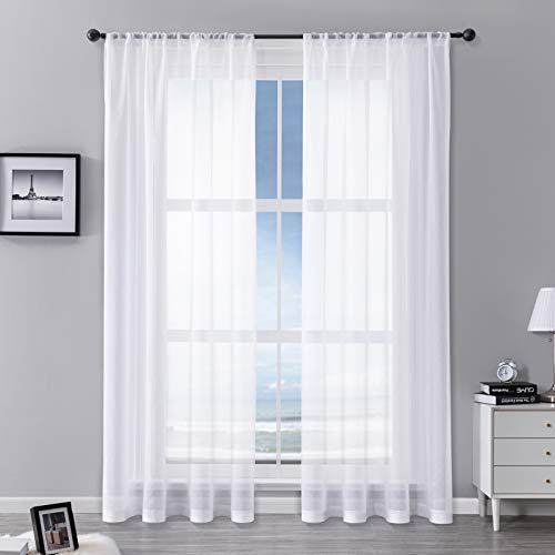 MRTREES Vorhänge Gardinen mit Store Vorhang Voile halbtransparent kurz in Leinenoptik Gardine Schals Weiß 245×140cm (H×B) für Wohnzimmer Schlafzimmer Kinderzimmer 2er Set