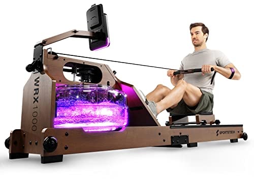 Sportstech Premium Wasser-Rudergerät mit LED-Wassertank, klappbar, App mit Workout Kursen+ Tablethalterung, Natur-Massivholz Rudermaschine Rower für zuhause WRX1000