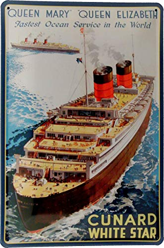 Tin Sign Blechschild 20x30 Queen Mary Elizabeth Passagier Dampfer Cunard White Star im Retro Nostalgie Werbeplakat Design Schiff Kreuzfahrt Seefahrt Urlaub Welt Reise