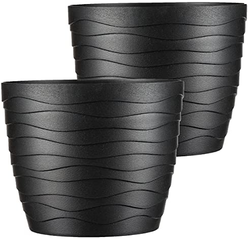 Tymar Pot de Fleurs, Pot de Plantes en Plastique, Lot de 2, Forme Ronde, Cache-Pot (19 cm, Noir)