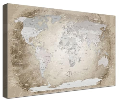 LANA KK - Luxus Pinnwand Weltkarte - Beige - Deutsch - in 120 x 80 cm, stabile Rückwand zum Pinnen inkl. Starterkit - Leinwand-Kunstdruck Wandbild Landkarte XXL