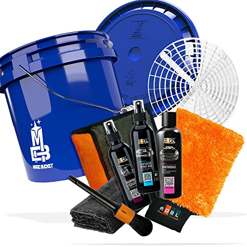 10 teiliges Autowasch Bundle – ADBL Synthetic Spray Wax, Snowball Auto Shampoo, Vampire Liquid, Waschhandschuh, Trockentuch, Pinsel, Magic Bucket 3,5GAL & Deckel blau, Grit Guard, detailmate Tuch