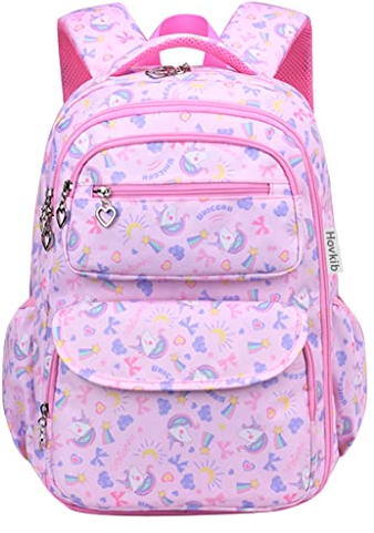 Hovkib Schulrucksack für Mädchen, Kinder Schulranzen Grundschultaschen Kinderrucksack Studenten Rucksäcke Leichte Büchertasche Druck Teenager Tagesrucksack für Alter 5-12 Jahre